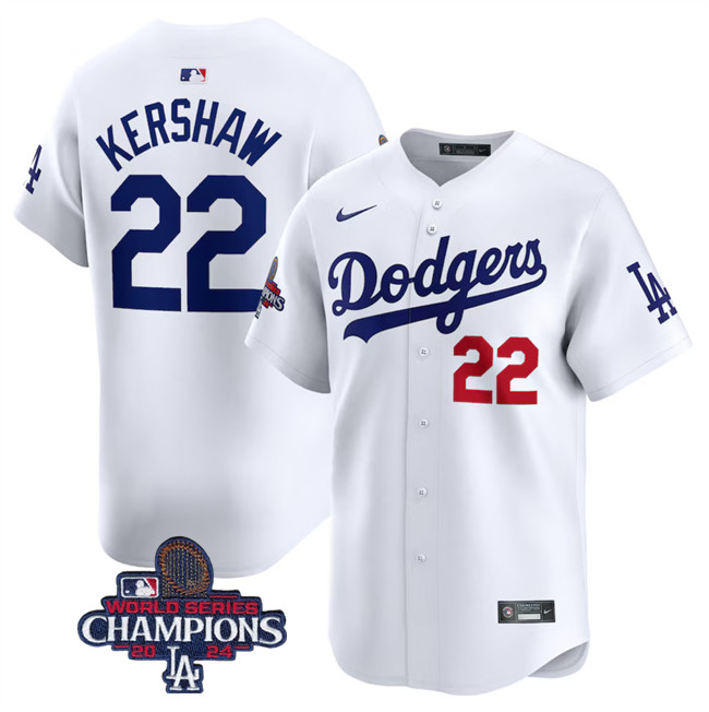 Men's  White Los Angeles Dodgers #22 Clayton Kershaw2024 World Series Champions Home Limited Stitched Baseball Jersey
